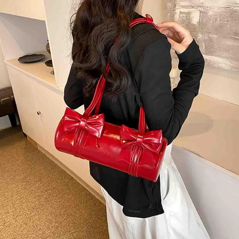 Women's Sweet Bow Knot Cylinder Bag PU Leather Bow Decor Glossy Shoulder Purse Top Handle Tote Underarm Clutch For Ladies