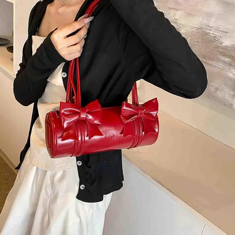 Women's Sweet Bow Knot Cylinder Bag PU Leather Bow Decor Glossy Shoulder Purse Top Handle Tote Underarm Clutch For Ladies