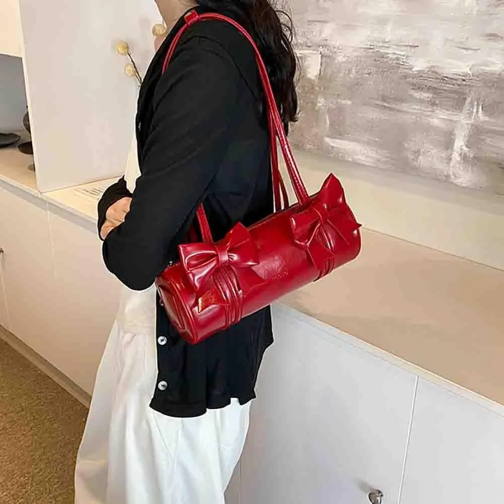 Women's Sweet Bow Knot Cylinder Bag PU Leather Bow Decor Glossy Shoulder Purse Top Handle Tote Underarm Clutch For Ladies