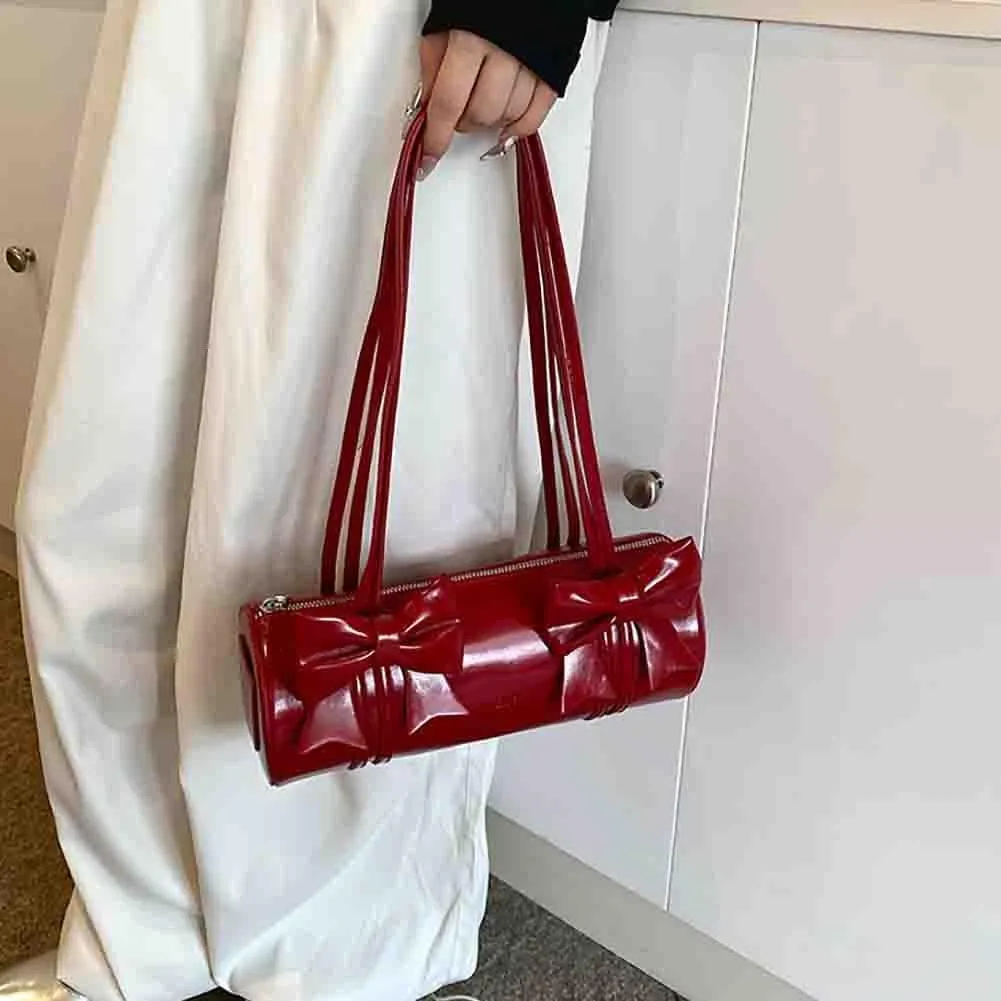 Women's Sweet Bow Knot Cylinder Bag PU Leather Bow Decor Glossy Shoulder Purse Top Handle Tote Underarm Clutch For Ladies