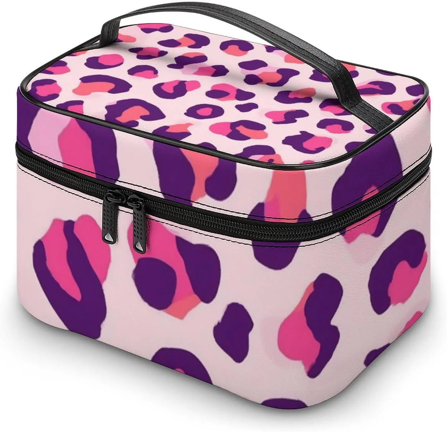 Women's Travel Makeup Bag, Large Capacity Cosmetic Organizer Case Cheetah Leopard Print Floral Pink Toiletry Bag with Zipper Pouch
