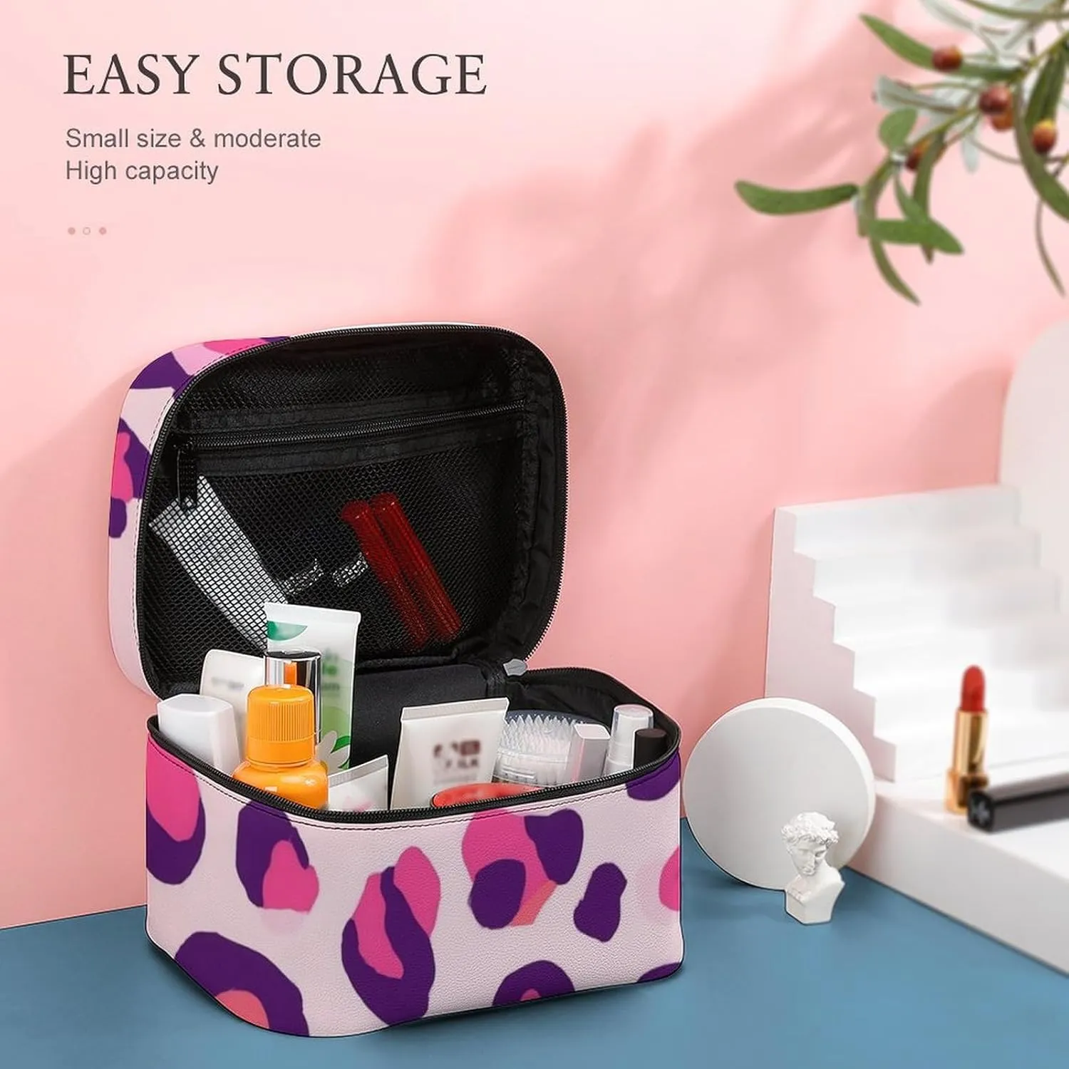Women's Travel Makeup Bag, Large Capacity Cosmetic Organizer Case Cheetah Leopard Print Floral Pink Toiletry Bag with Zipper Pouch