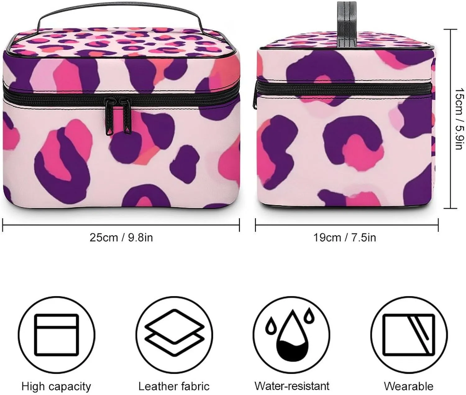 Women's Travel Makeup Bag, Large Capacity Cosmetic Organizer Case Cheetah Leopard Print Floral Pink Toiletry Bag with Zipper Pouch