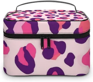 Women's Travel Makeup Bag, Large Capacity Cosmetic Organizer Case Cheetah Leopard Print Floral Pink Toiletry Bag with Zipper Pouch