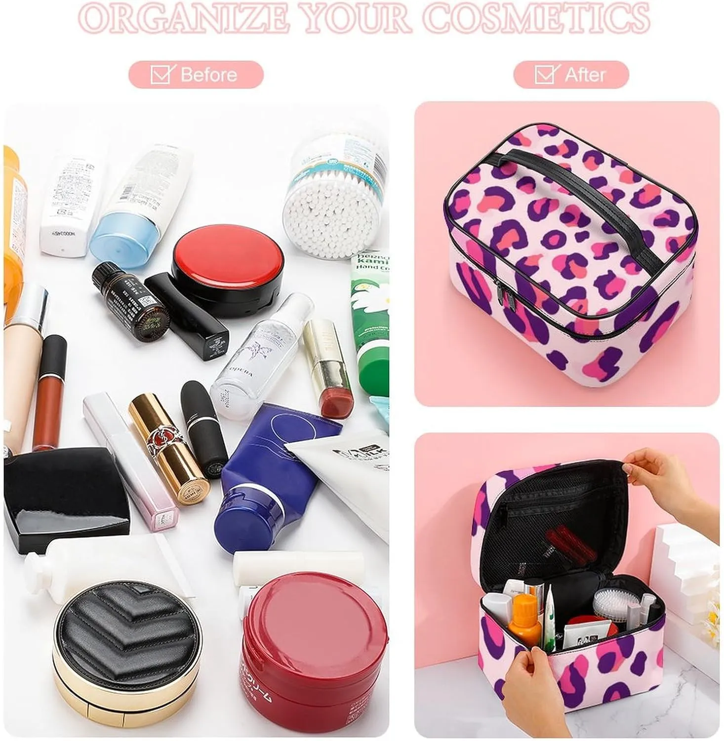 Women's Travel Makeup Bag, Large Capacity Cosmetic Organizer Case Cheetah Leopard Print Floral Pink Toiletry Bag with Zipper Pouch