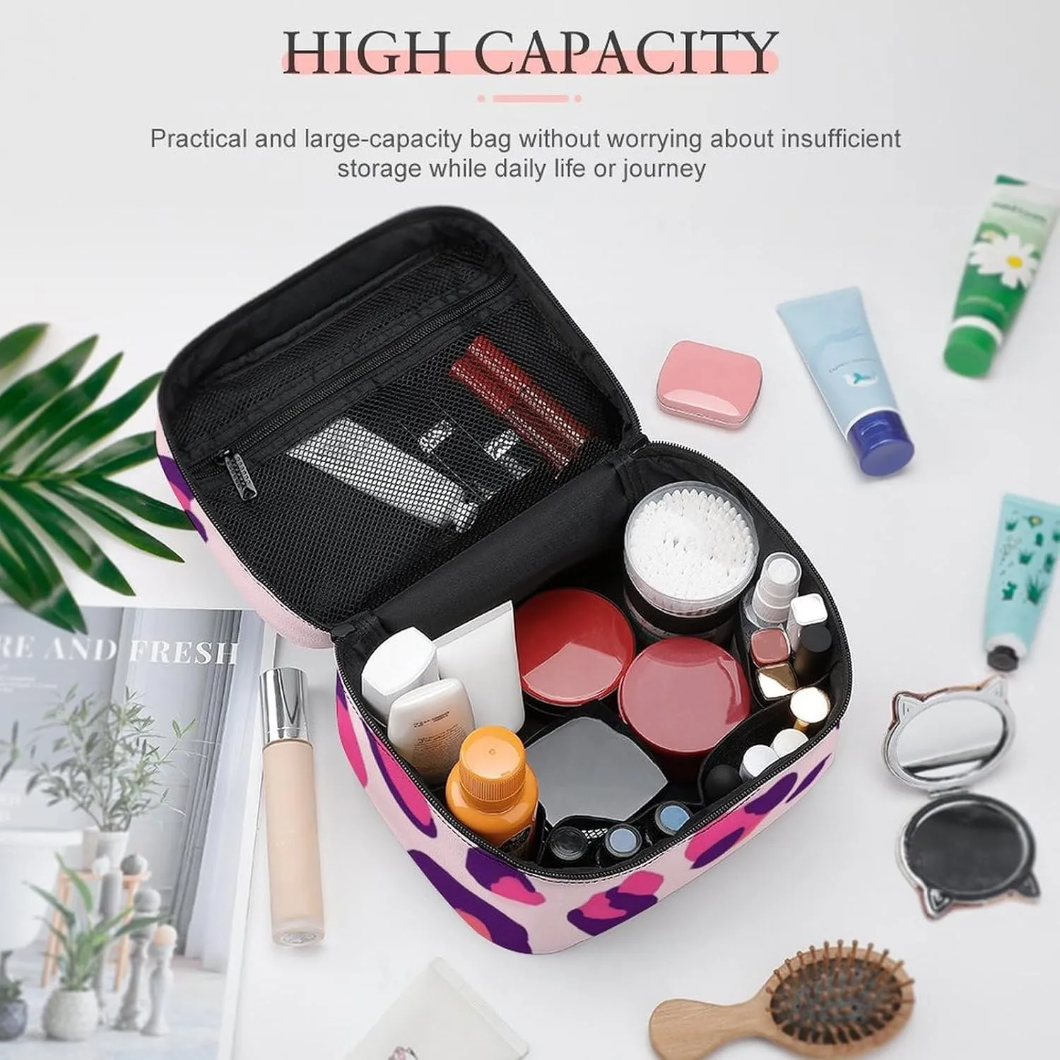 Women's Travel Makeup Bag, Large Capacity Cosmetic Organizer Case Cheetah Leopard Print Floral Pink Toiletry Bag with Zipper Pouch