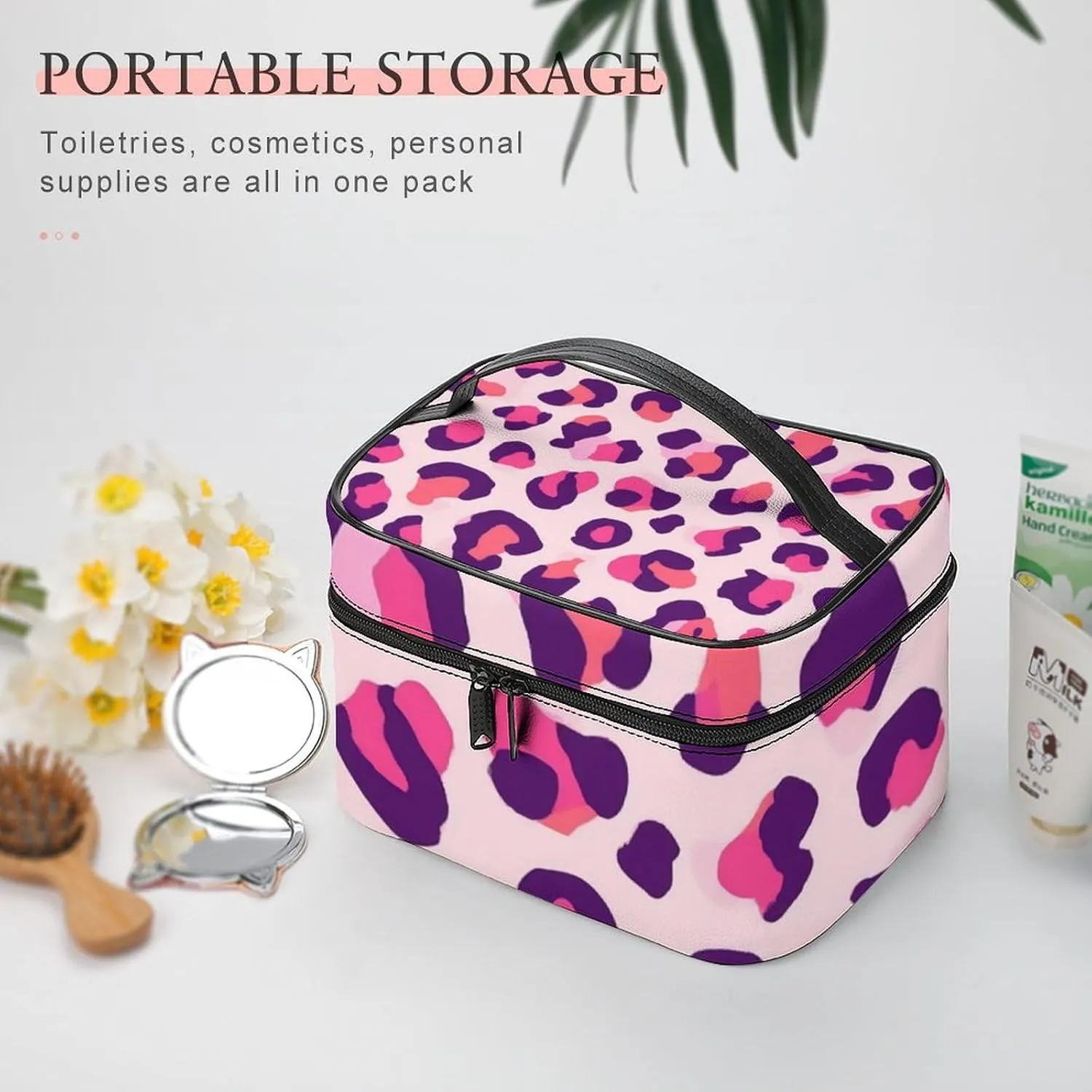 Women's Travel Makeup Bag, Large Capacity Cosmetic Organizer Case Cheetah Leopard Print Floral Pink Toiletry Bag with Zipper Pouch