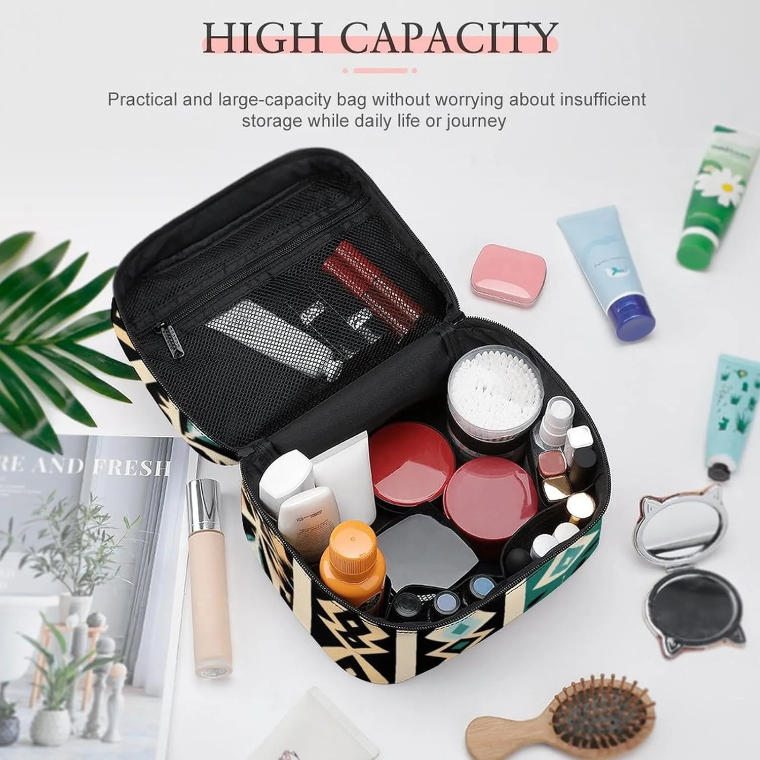 Women's Travel Makeup Bag, Large Capacity Cosmetic Organizer Case Tribal Navajo Aztec Geometric Ethnic Pattern Toiletry Bag with Zipper Pouch