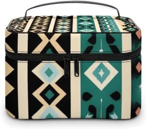 Women's Travel Makeup Bag, Large Capacity Cosmetic Organizer Case Tribal Navajo Aztec Geometric Ethnic Pattern Toiletry Bag with Zipper Pouch