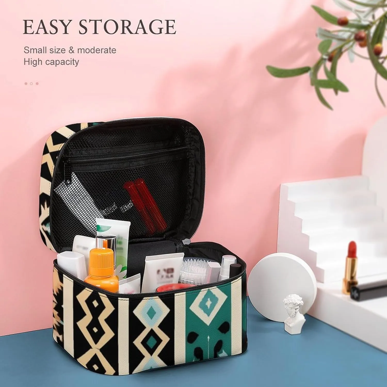Women's Travel Makeup Bag, Large Capacity Cosmetic Organizer Case Tribal Navajo Aztec Geometric Ethnic Pattern Toiletry Bag with Zipper Pouch
