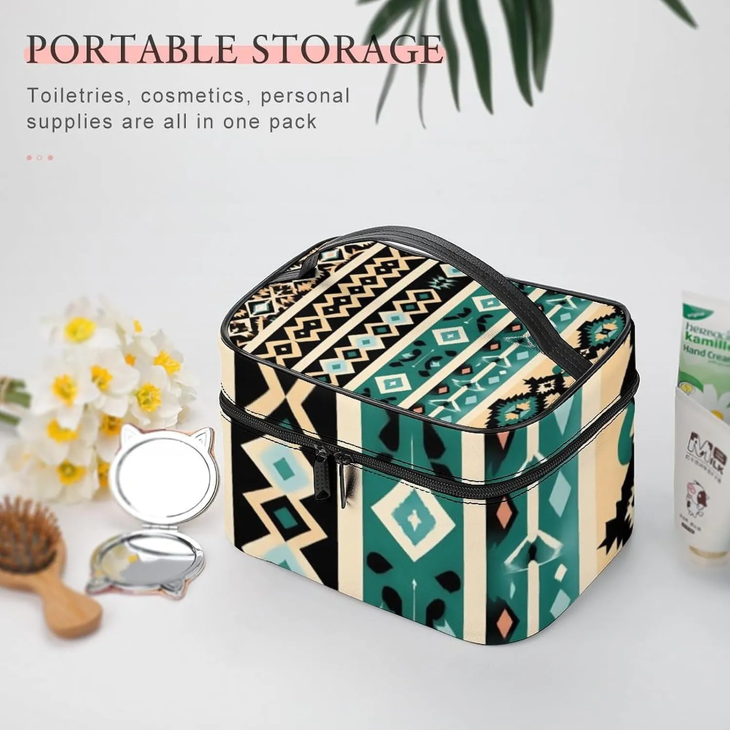 Women's Travel Makeup Bag, Large Capacity Cosmetic Organizer Case Tribal Navajo Aztec Geometric Ethnic Pattern Toiletry Bag with Zipper Pouch