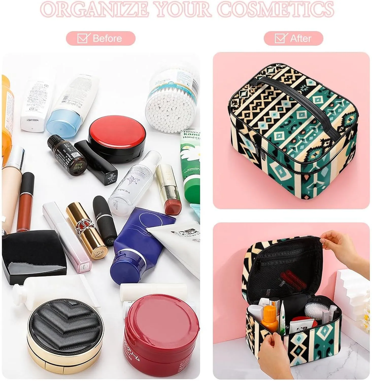 Women's Travel Makeup Bag, Large Capacity Cosmetic Organizer Case Tribal Navajo Aztec Geometric Ethnic Pattern Toiletry Bag with Zipper Pouch