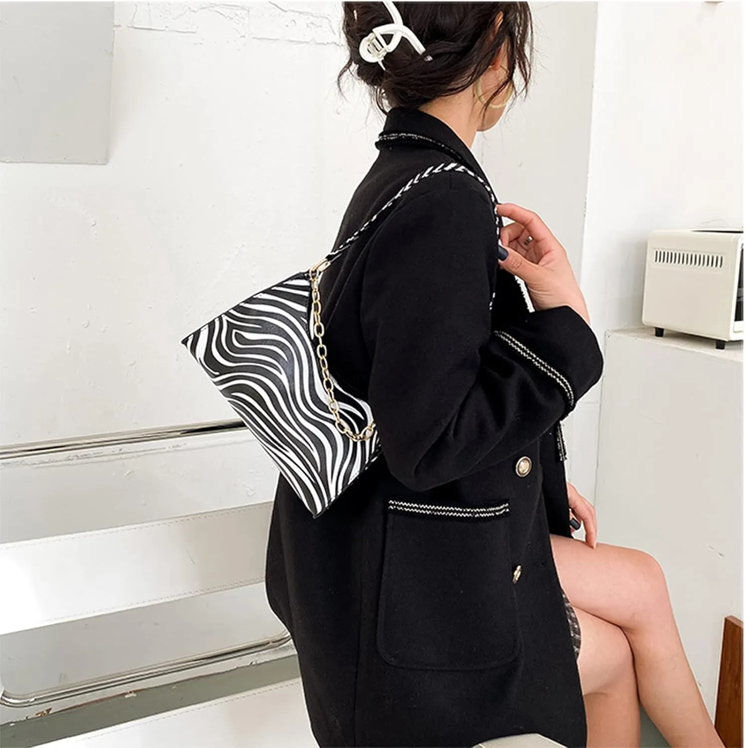 Women's Zebra Print Tote Shoulder Bag Leather Top Handle Purse Travel Handbag Clutch Wallet with Chain