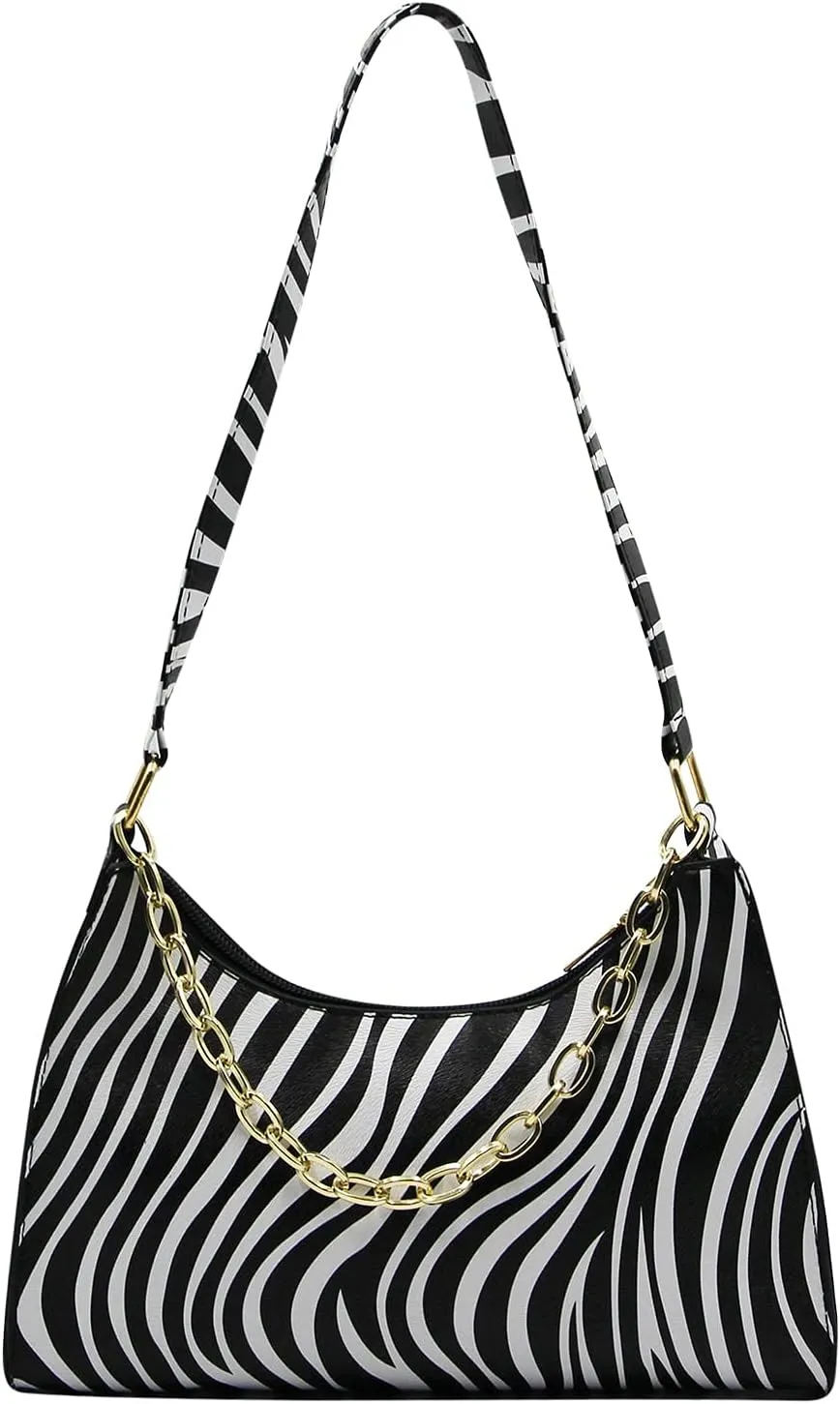 Women's Zebra Print Tote Shoulder Bag Leather Top Handle Purse Travel Handbag Clutch Wallet with Chain