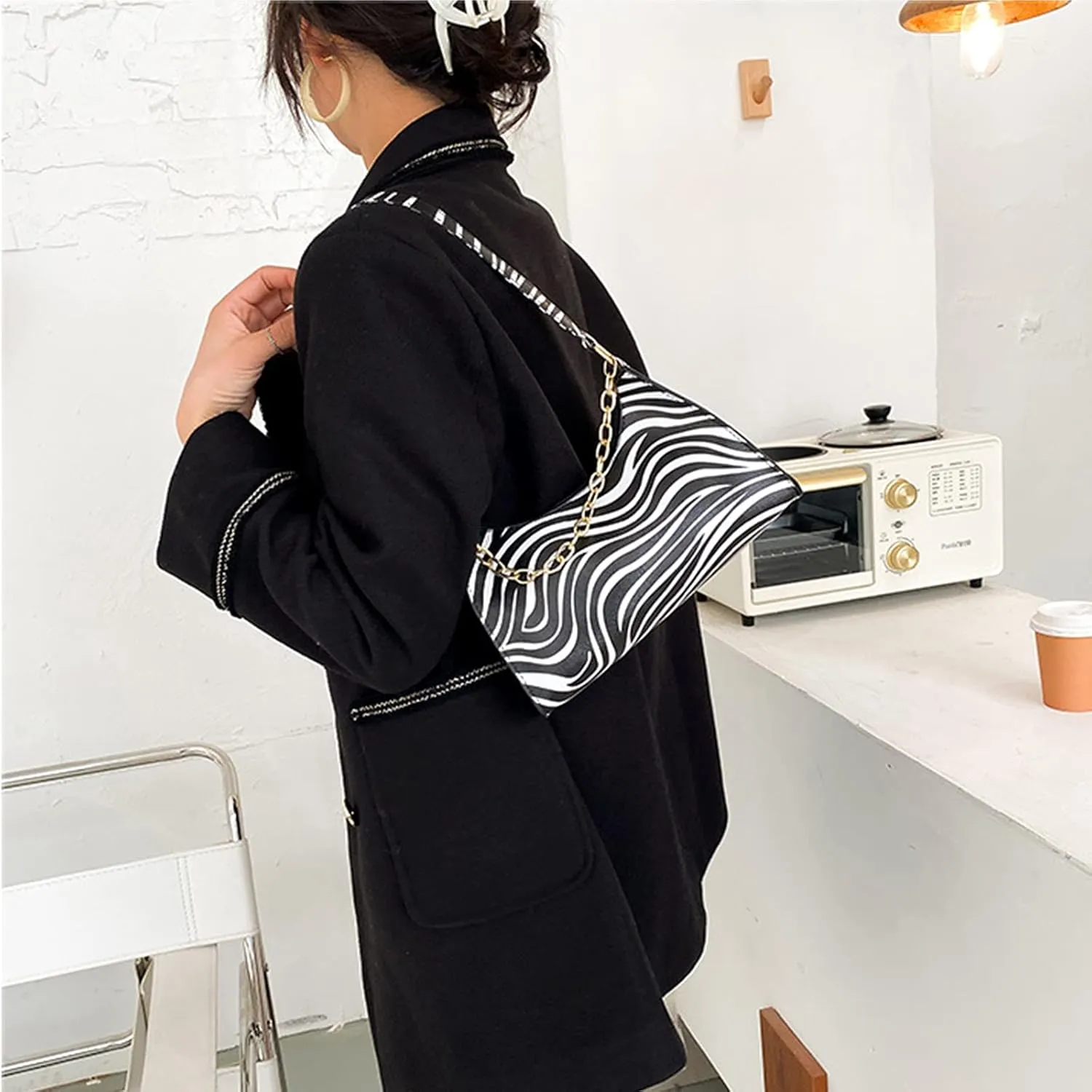 Women's Zebra Print Tote Shoulder Bag Leather Top Handle Purse Travel Handbag Clutch Wallet with Chain