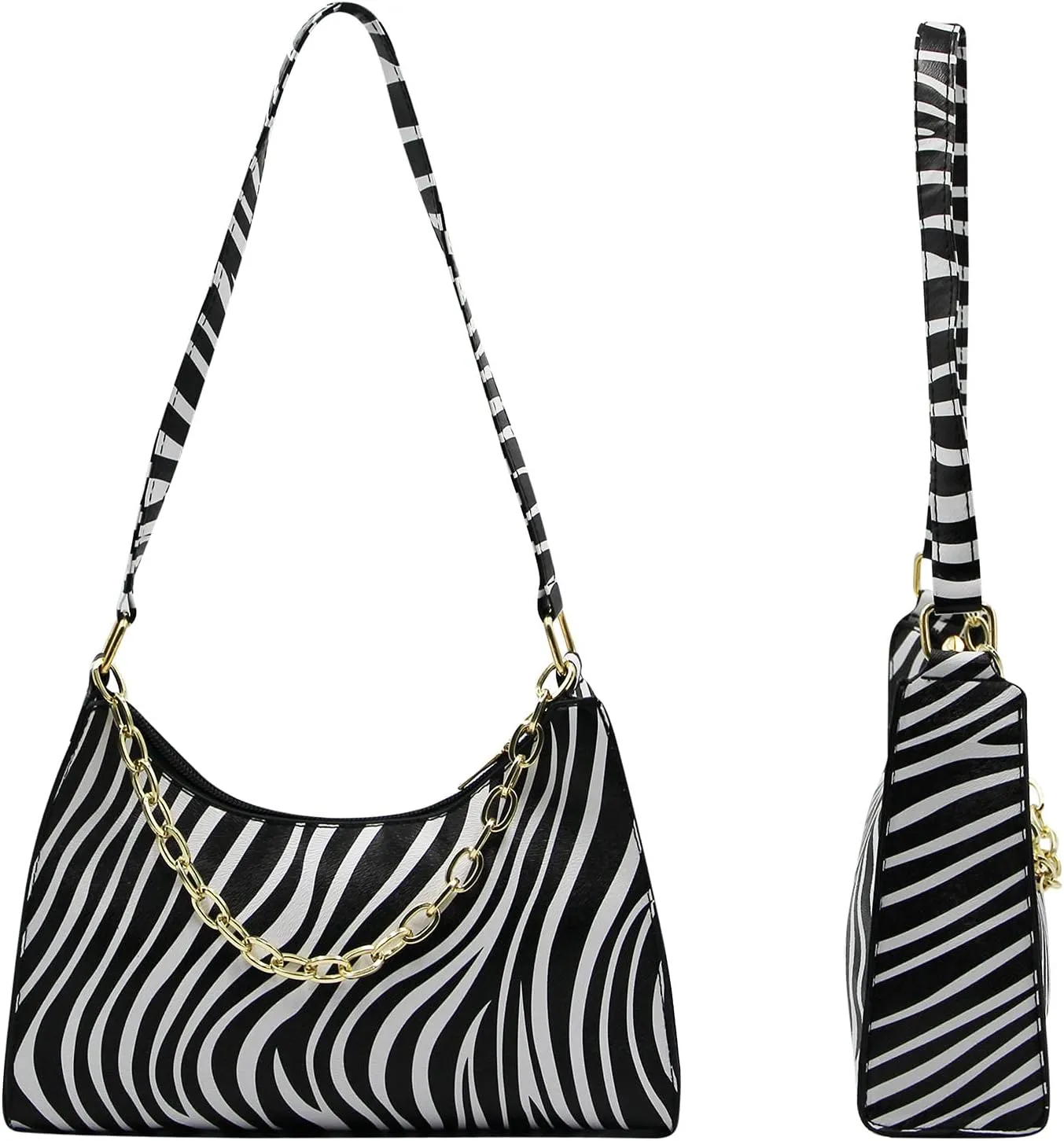 Women's Zebra Print Tote Shoulder Bag Leather Top Handle Purse Travel Handbag Clutch Wallet with Chain