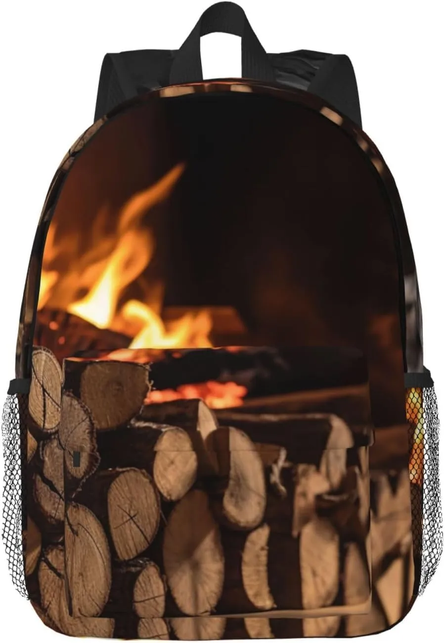 Wood on Fireplace Print Backpack for Women Men Lightweight Laptop Backpacks Travel Laptop Bag Casual Daypack