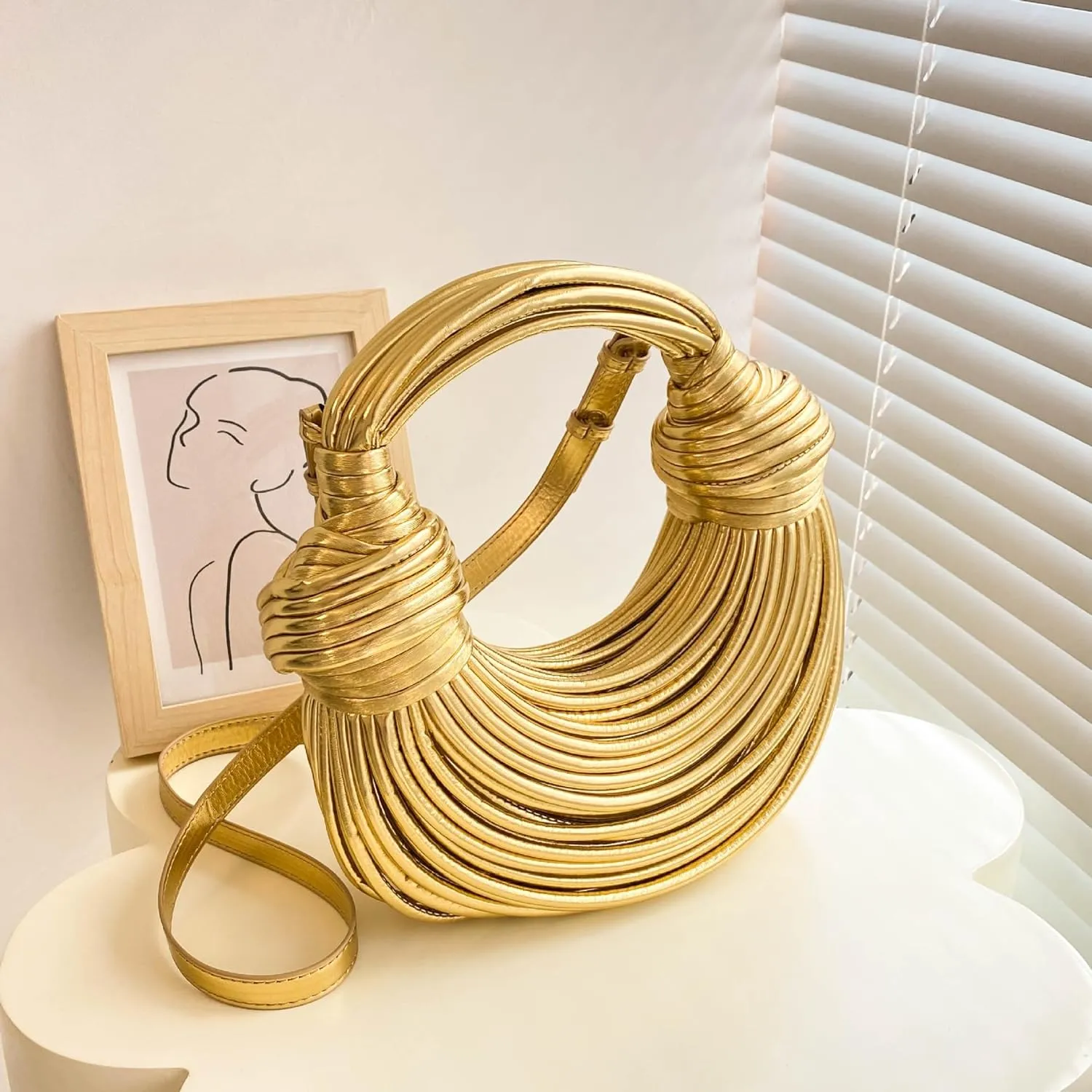 Woven Crossbody Bag for Women, Small Leather Clutch Purse Knotted Bread Handbag Top Handle Noodles Shoulder Bag.