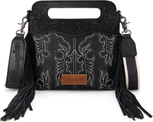 Wrangler Top Handle Handbags Western Fringe Crossbody Bag for Women Embroidered Boot Scroll Ladies Handbag