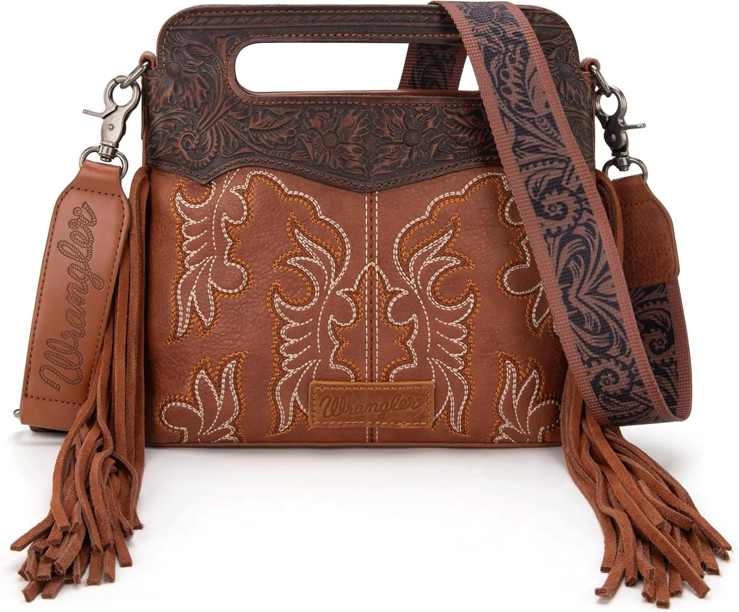 Wrangler Top Handle Handbags Western Fringe Crossbody Bag for Women Embroidered Boot Scroll Ladies Handbag