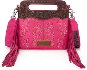 Wrangler Top Handle Handbags Western Fringe Crossbody Bag for Women Embroidered Boot Scroll Ladies Handbag