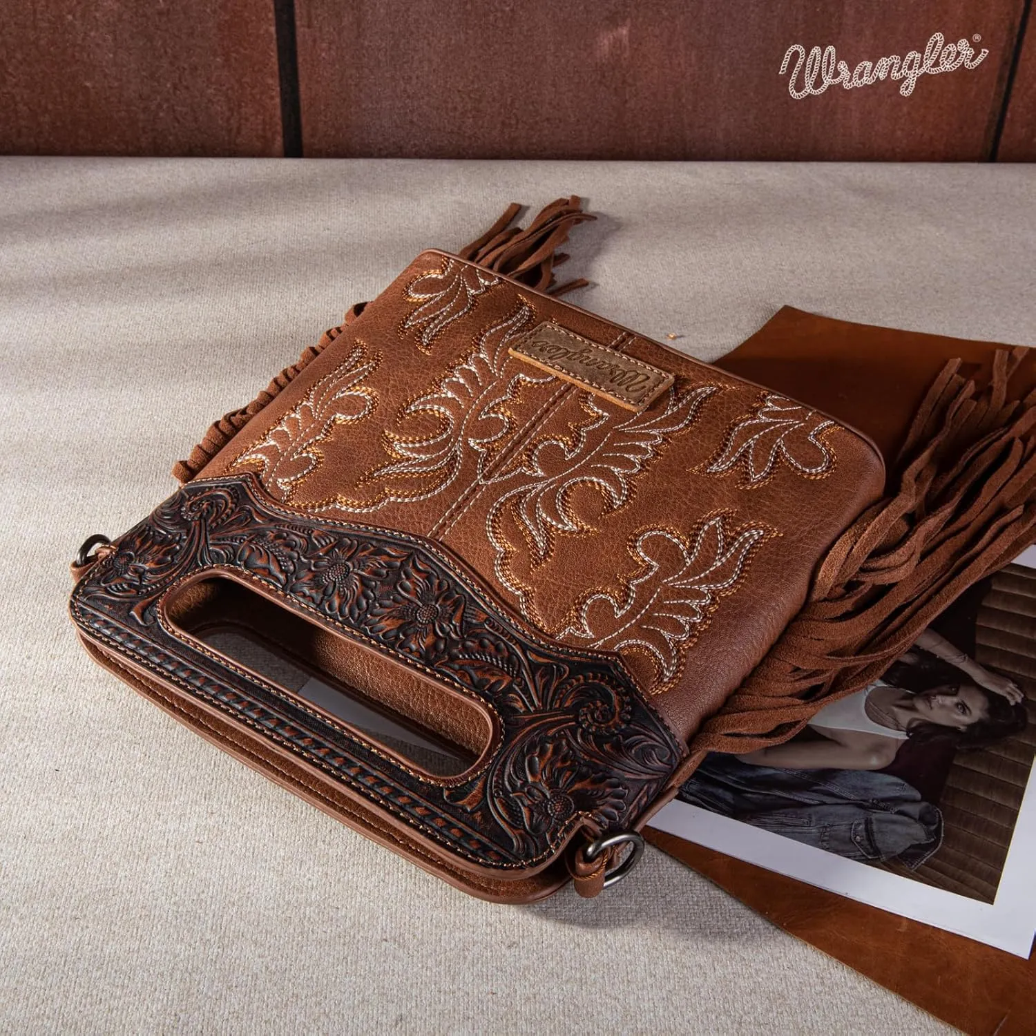 Wrangler Top Handle Handbags Western Fringe Crossbody Bag for Women Embroidered Boot Scroll Ladies Handbag