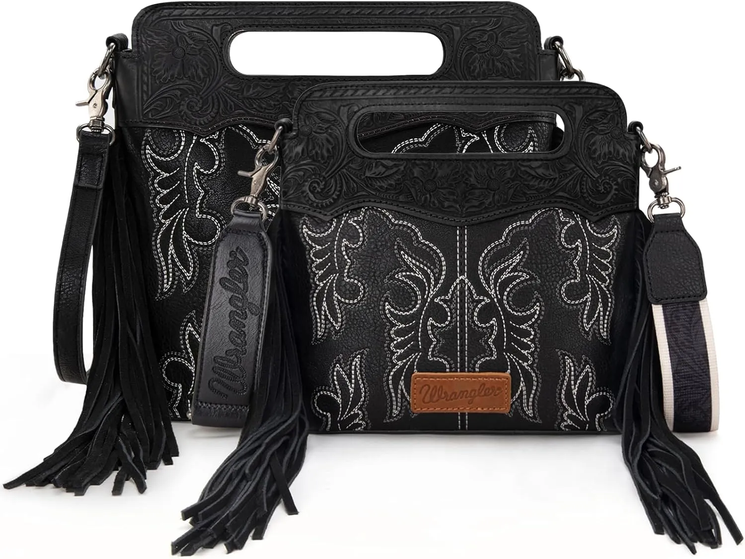 Wrangler Top Handle Handbags Western Fringe Crossbody Bag for Women Embroidered Boot Scroll Ladies Handbag
