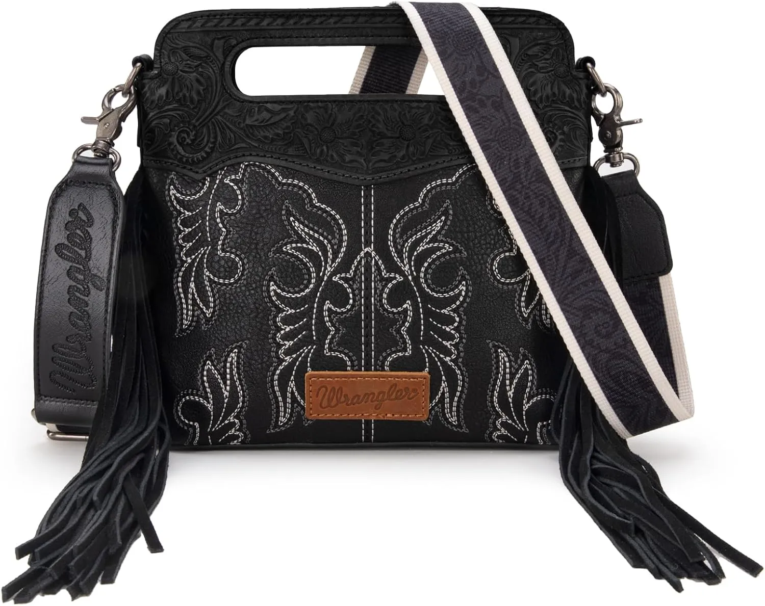 Wrangler Top Handle Handbags Western Fringe Crossbody Bag for Women Embroidered Boot Scroll Ladies Handbag