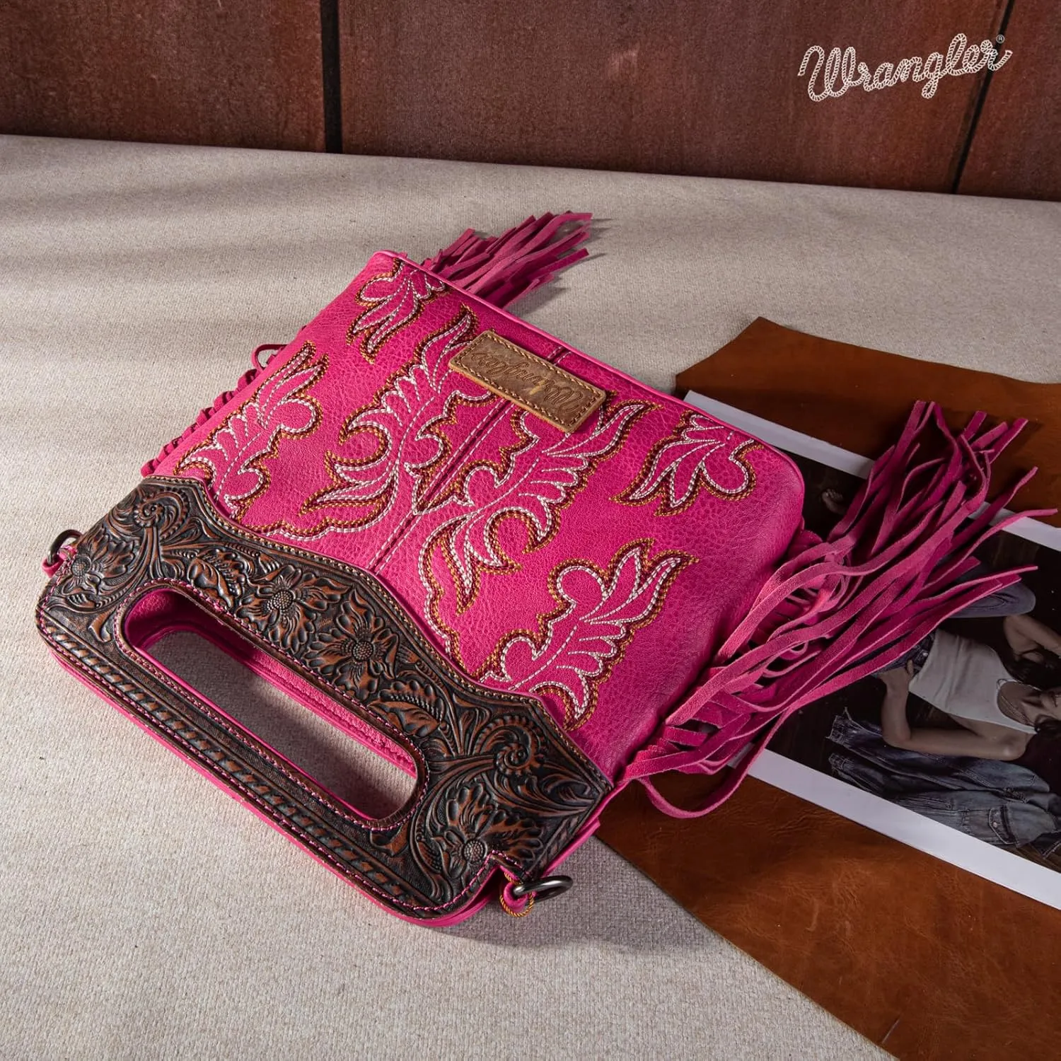 Wrangler Top Handle Handbags Western Fringe Crossbody Bag for Women Embroidered Boot Scroll Ladies Handbag