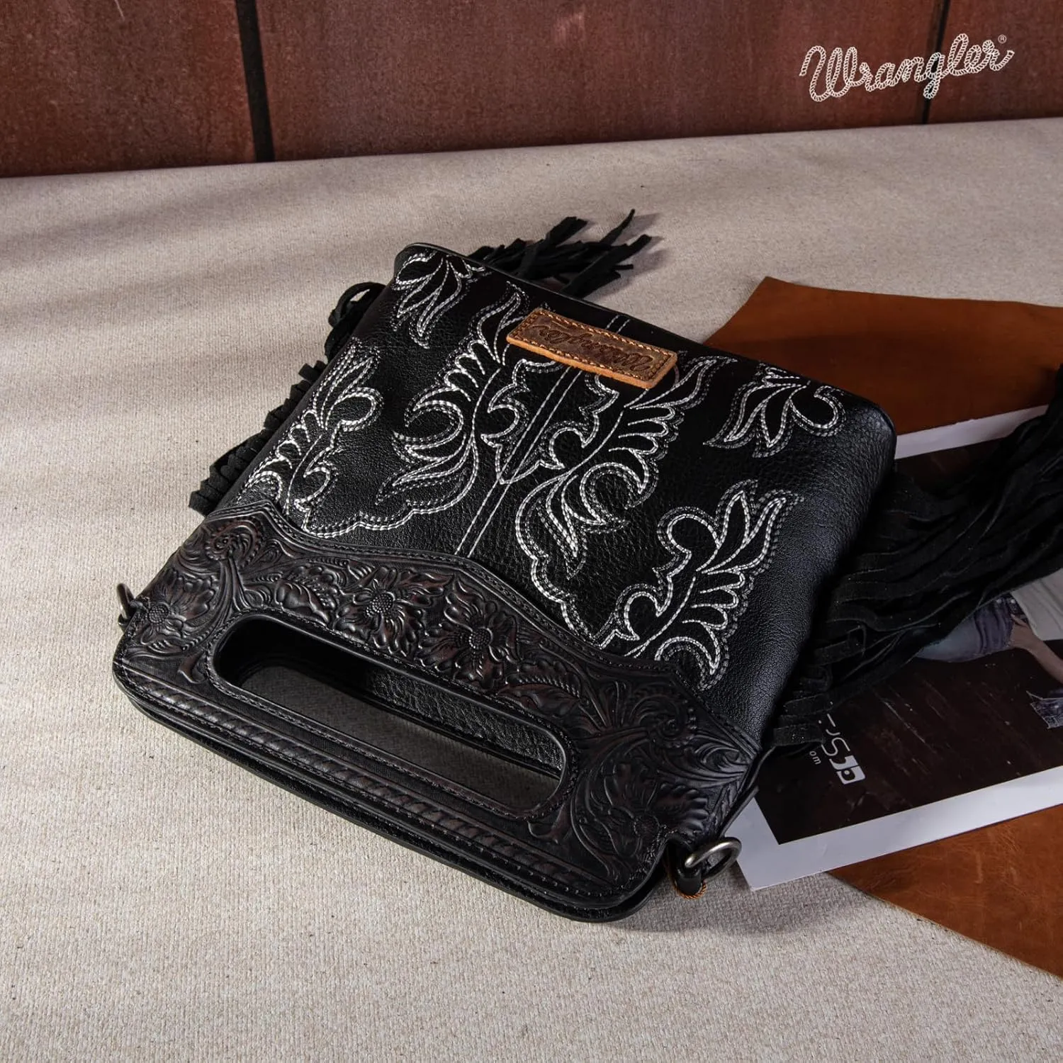 Wrangler Top Handle Handbags Western Fringe Crossbody Bag for Women Embroidered Boot Scroll Ladies Handbag