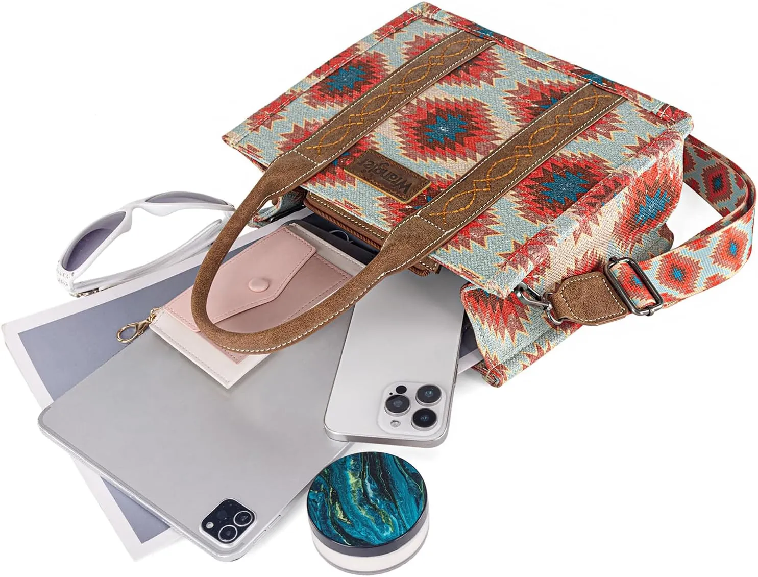 Wrangler Tote Bag for Women Aztec Shoulder Purses Western Handbags Boho Satchel Top-Handle with Distressed Look