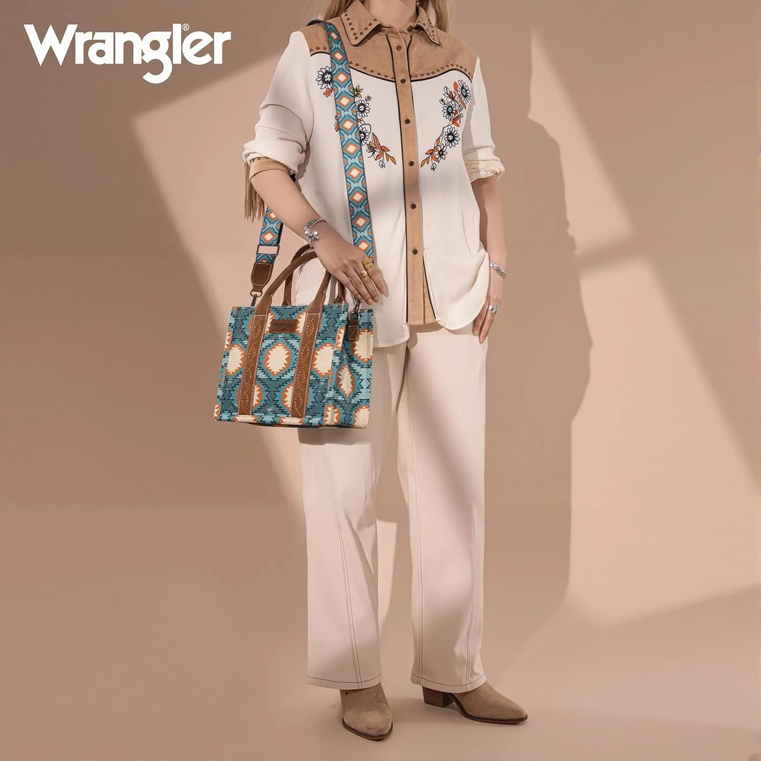 Wrangler Tote Bag for Women Aztec Shoulder Purses Western Handbags Boho Satchel Top-Handle with Distressed Look