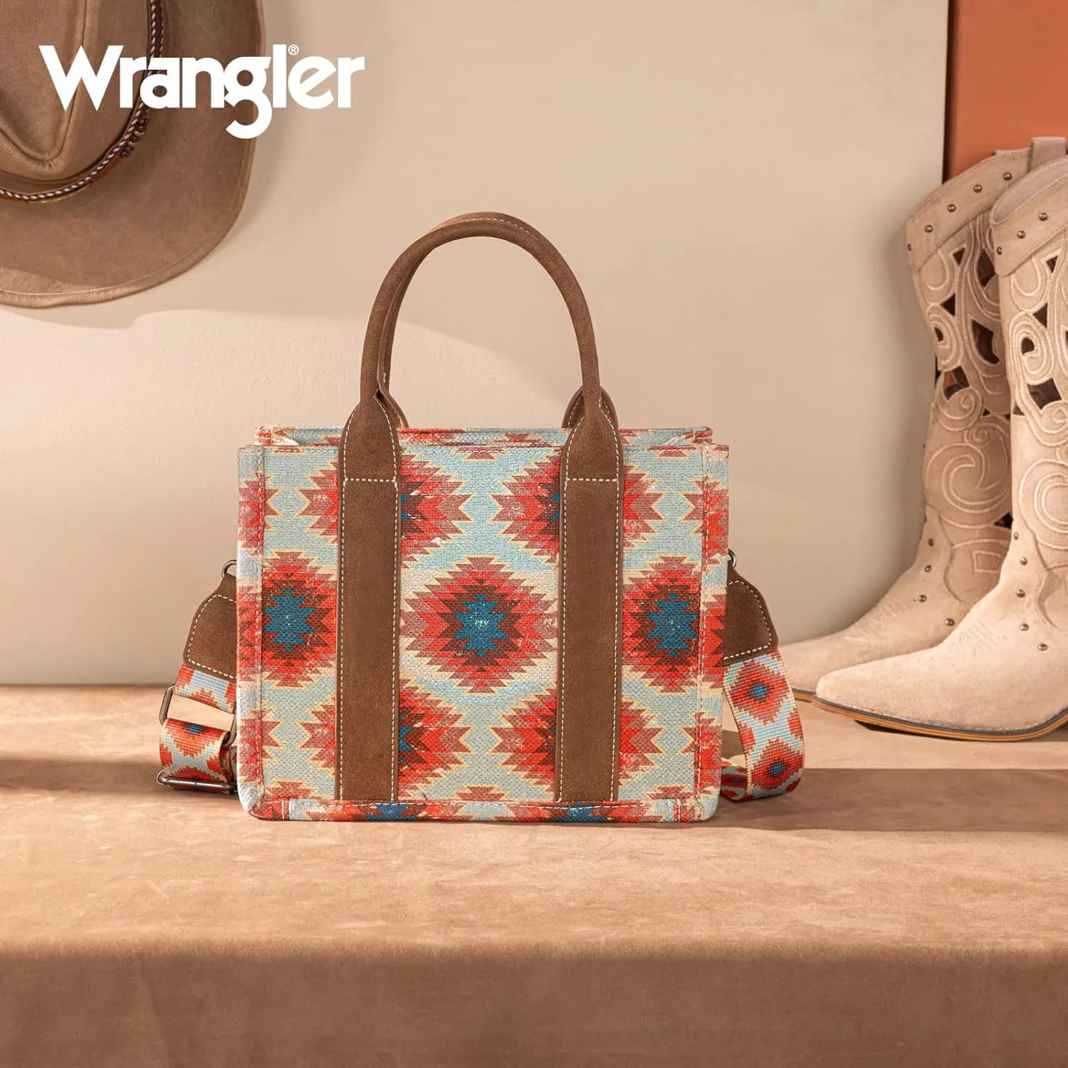 Wrangler Tote Bag for Women Aztec Shoulder Purses Western Handbags Boho Satchel Top-Handle with Distressed Look