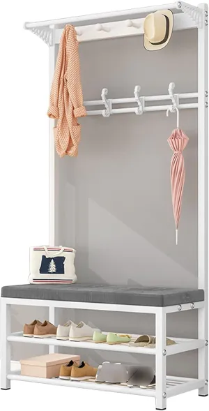 XINGLL Coat Rack Stand Clothes Rack Stand, Metal Frame Hanger with Bench, Hall Entryway Office Storage Stand for Clothes Handbag Shoe, Strong Load-Bearing, Assembly (Color : B, Size : 60X33X170CM)