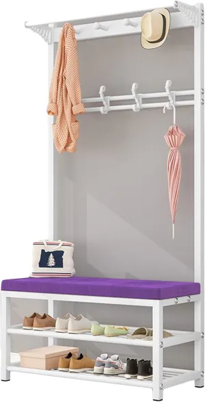 XINGLL Coat Rack Stand Clothes Rack Stand, Metal Frame Hanger with Bench, Hall Entryway Office Storage Stand for Clothes Handbag Shoe, Strong Load-Bearing, Assembly (Color : E, Size : 60X33X170CM)