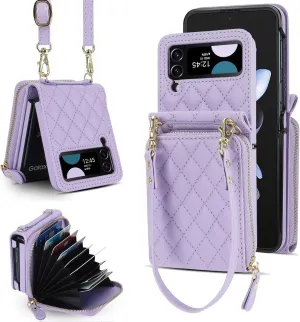 XIZYO for Samusng Galaxy Z Flip 4 Case, Wallet Crossbody Cute Case with Card Holder Slot, Zipper Handbag Strap Lanyard Wrist Leather for Women Girl Shockproof Bumper Cover, Purple