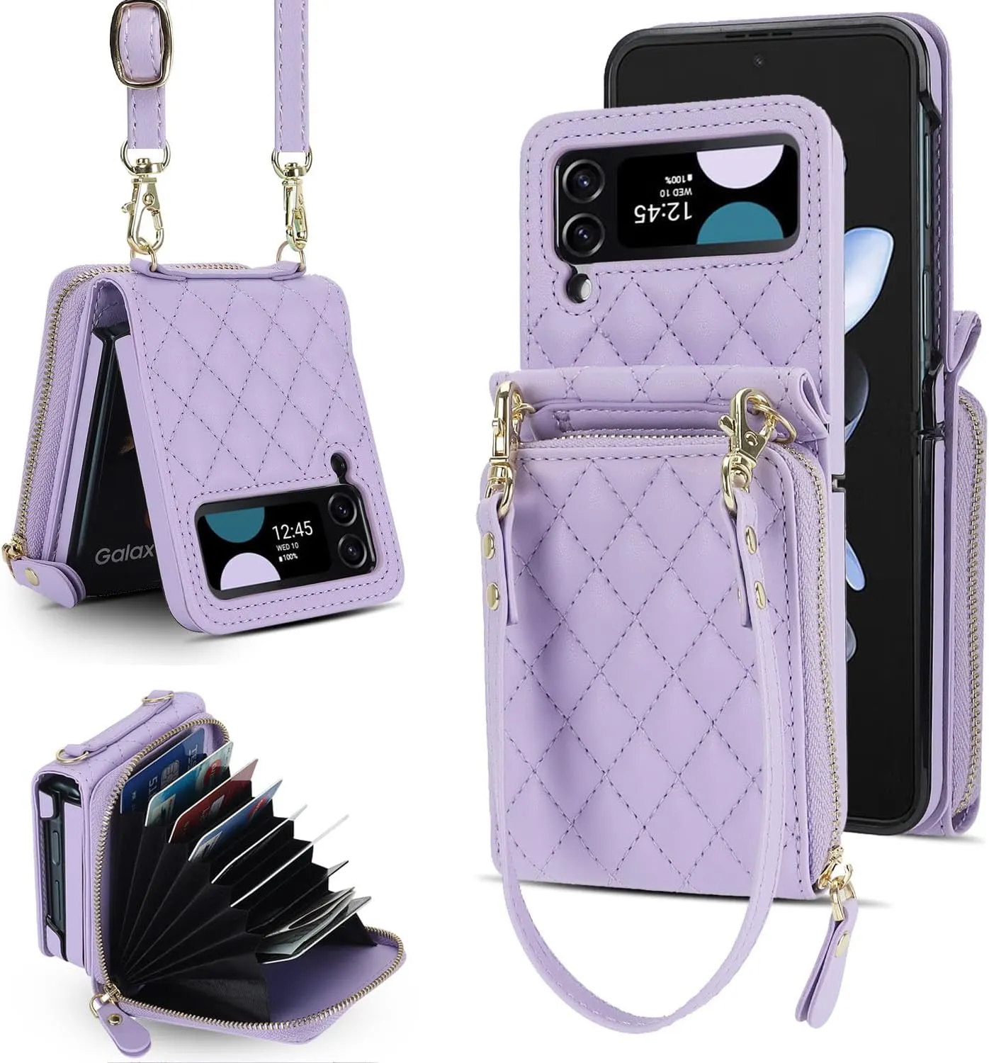 XIZYO for Samusng Galaxy Z Flip 4 Case, Wallet Crossbody Cute Case with Card Holder Slot, Zipper Handbag Strap Lanyard Wrist Leather for Women Girl Shockproof Bumper Cover, Purple