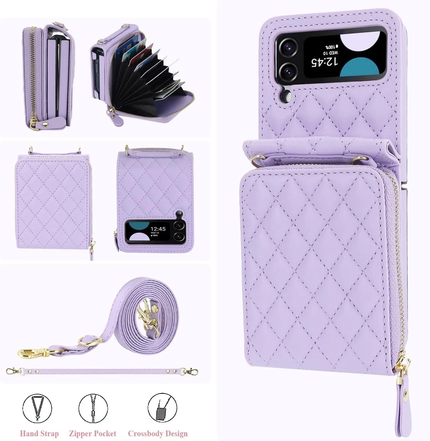 XIZYO for Samusng Galaxy Z Flip 4 Case, Wallet Crossbody Cute Case with Card Holder Slot, Zipper Handbag Strap Lanyard Wrist Leather for Women Girl Shockproof Bumper Cover, Purple