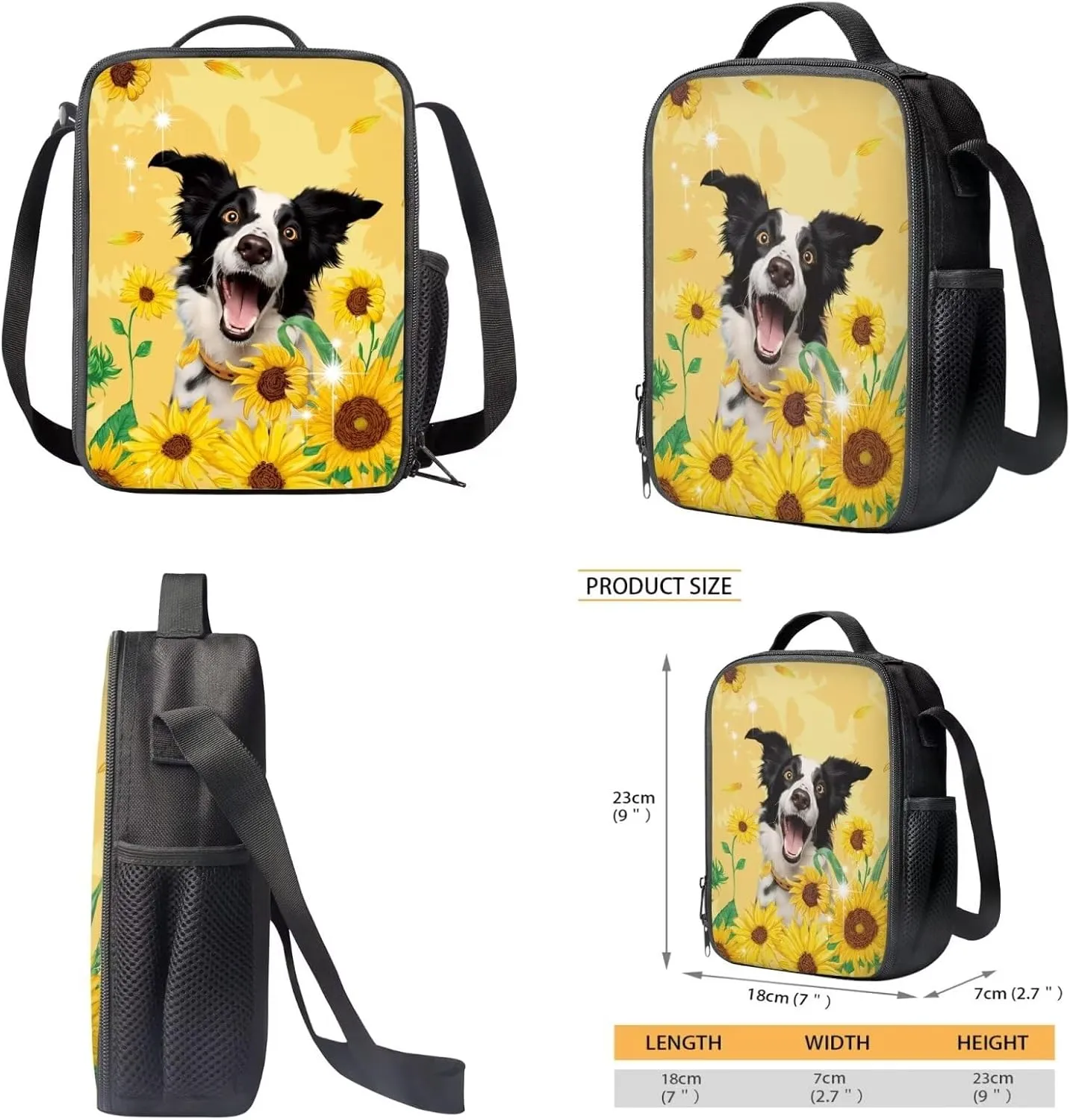 Xoenoiee Border Collie Sunflower Print 3D Backpack and Lunch Bag Set for Elementary Kids School Bag Junior Children Teens Bookbag Lightweight Schoolbag Bag Pack 3 in 1