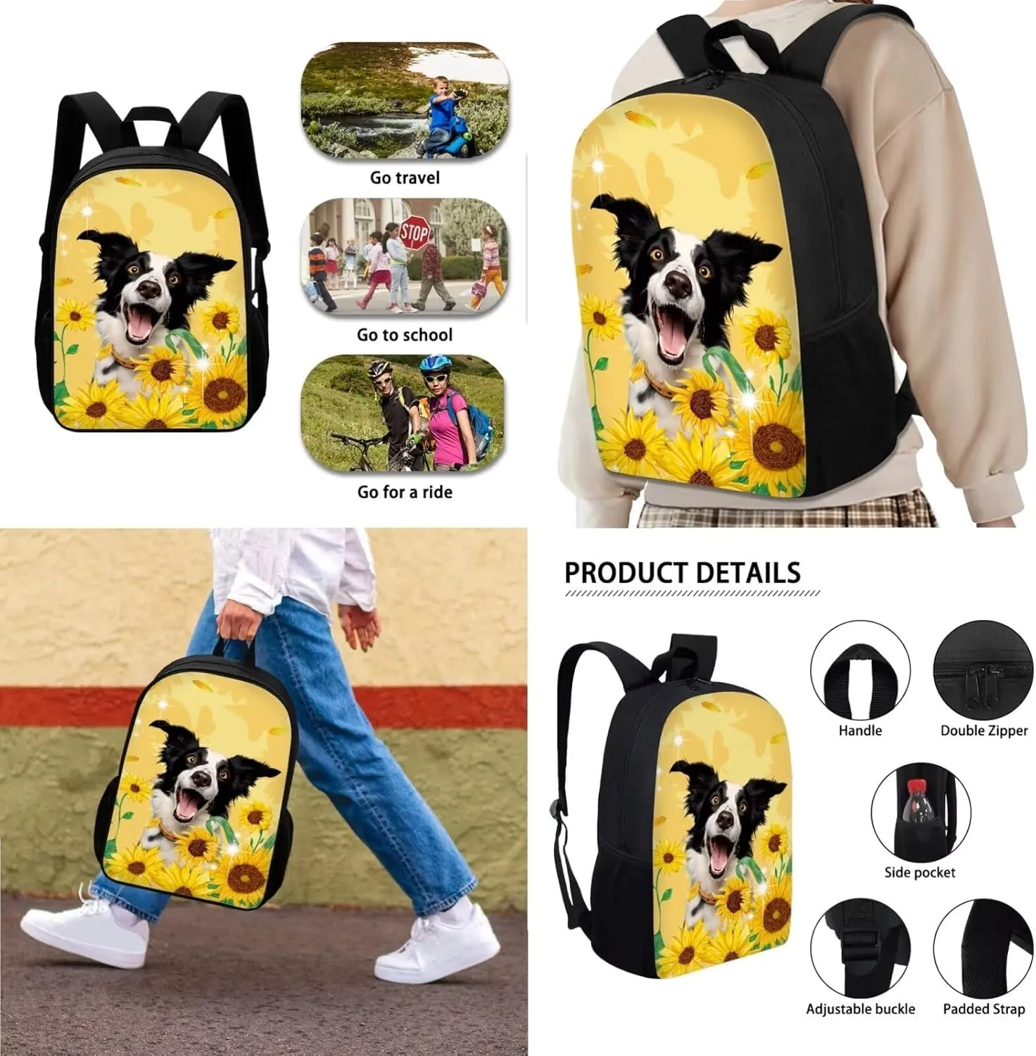 Xoenoiee Border Collie Sunflower Print 3D Backpack and Lunch Bag Set for Elementary Kids School Bag Junior Children Teens Bookbag Lightweight Schoolbag Bag Pack 3 in 1