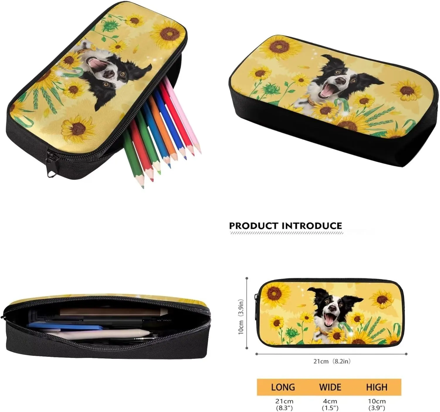 Xoenoiee Border Collie Sunflower Print 3D Backpack and Lunch Bag Set for Elementary Kids School Bag Junior Children Teens Bookbag Lightweight Schoolbag Bag Pack 3 in 1