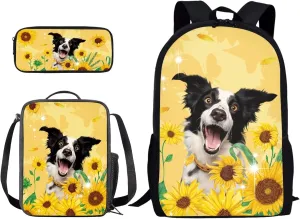 Xoenoiee Border Collie Sunflower Print 3D Backpack and Lunch Bag Set for Elementary Kids School Bag Junior Children Teens Bookbag Lightweight Schoolbag Bag Pack 3 in 1