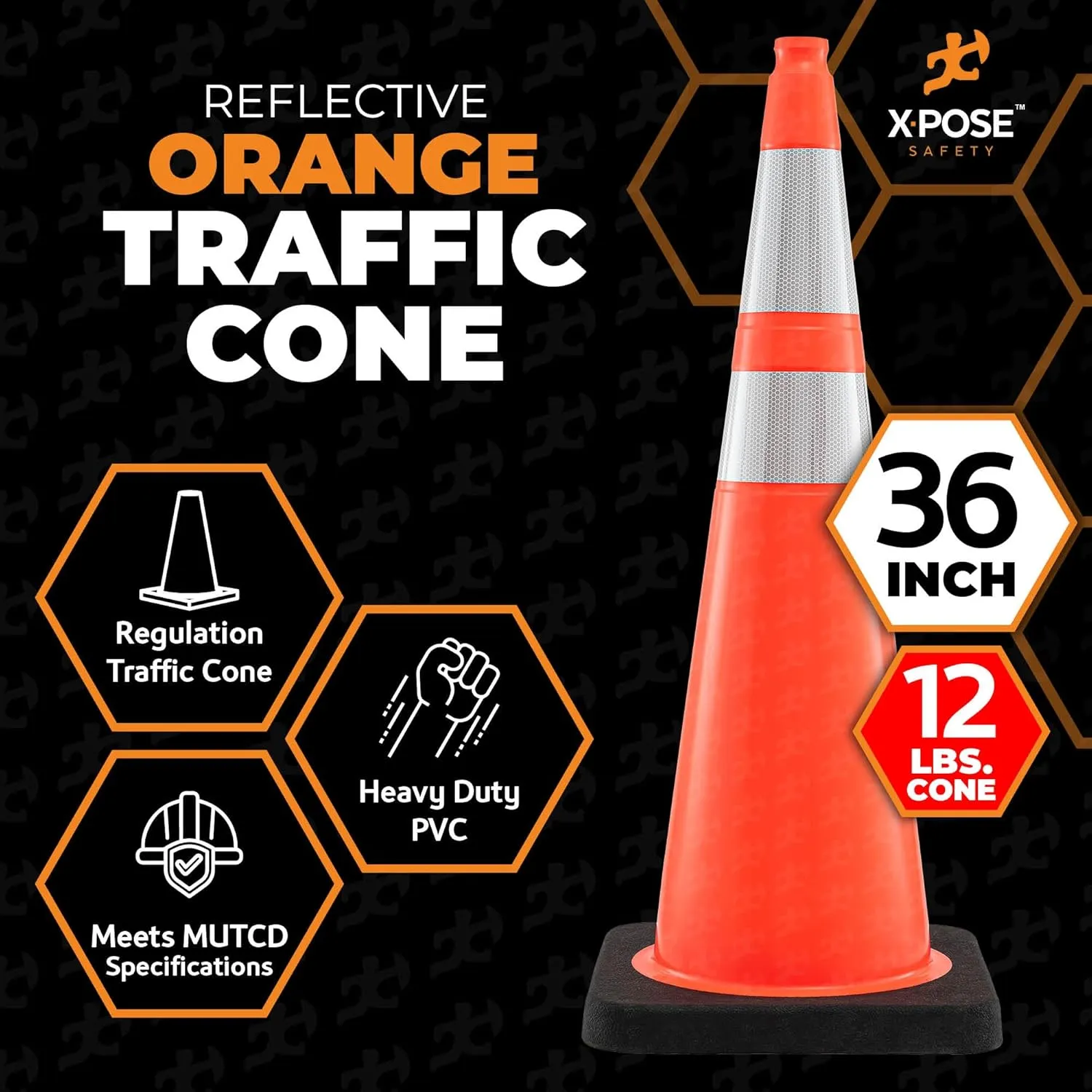 Xpose Safety 36 Inch Orange Traffic Cones Heavy Duty 12lb with 6" & 4" Collars, 48 Pack - Multipurpose PVC Plastic Safety Cone for Parking, Soccer, Caution, Kids and Construction - MUTCD Compliant