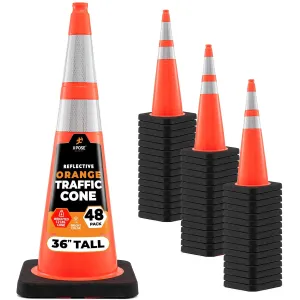 Xpose Safety 36 Inch Orange Traffic Cones Heavy Duty 12lb with 6" & 4" Collars, 48 Pack - Multipurpose PVC Plastic Safety Cone for Parking, Soccer, Caution, Kids and Construction - MUTCD Compliant
