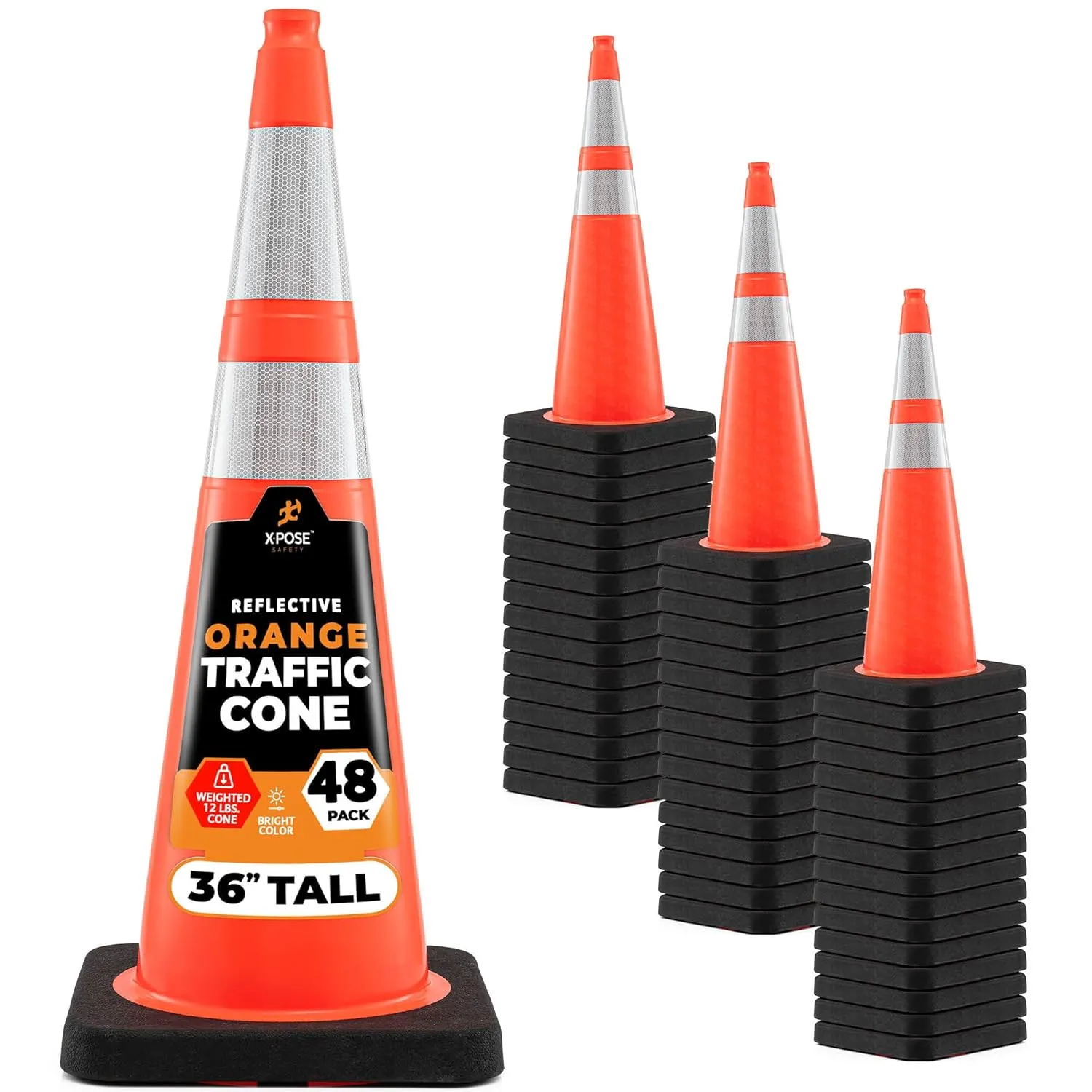 Xpose Safety 36 Inch Orange Traffic Cones Heavy Duty 12lb with 6" & 4" Collars, 48 Pack - Multipurpose PVC Plastic Safety Cone for Parking, Soccer, Caution, Kids and Construction - MUTCD Compliant