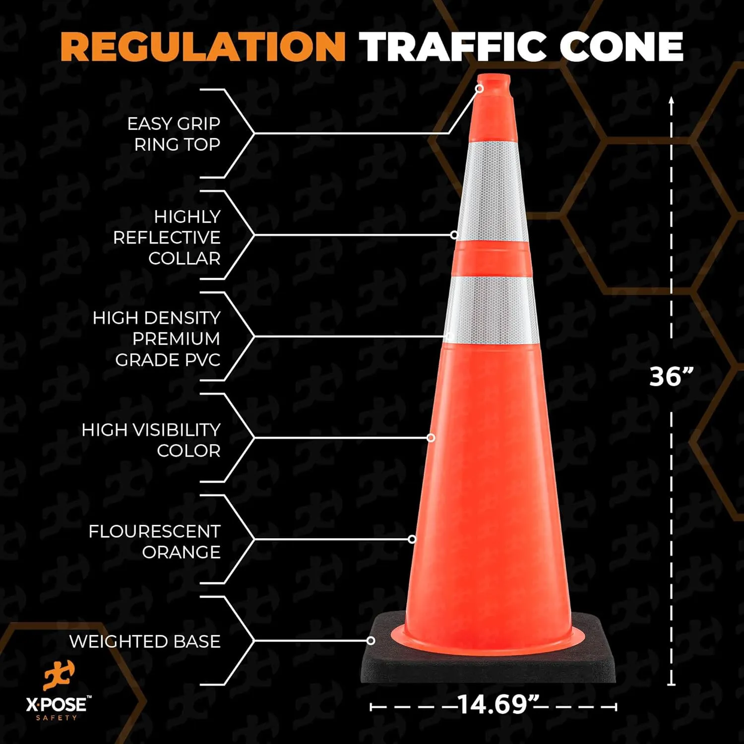 Xpose Safety 36 Inch Orange Traffic Cones Heavy Duty 12lb with 6" & 4" Collars, 48 Pack - Multipurpose PVC Plastic Safety Cone for Parking, Soccer, Caution, Kids and Construction - MUTCD Compliant