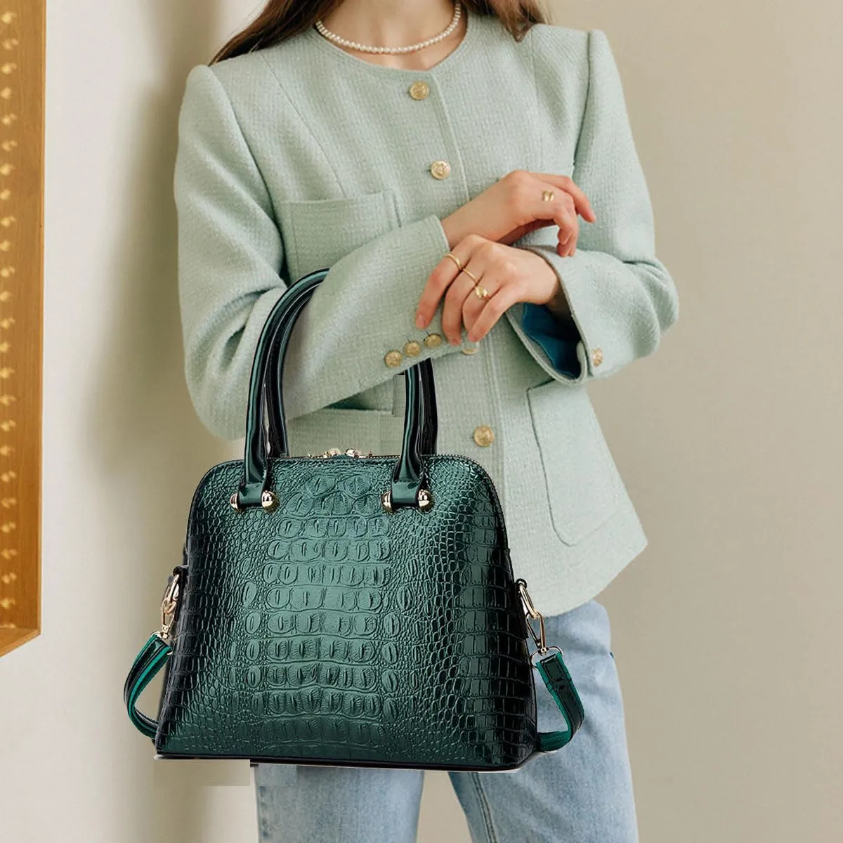 XXGJOALD-Women Crocodile Pattern Handbag Patent Leather Purse Shell Shoulder Bag Top-Handle Satchel Tote Wallet Work Party