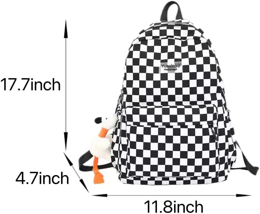 Y2K Aesthetic Checkered Backpack with Kawaii Pendant Checkerboard Backpack Cute Preppy Laptop Backpack Light Rucksack (One Size,Pink)