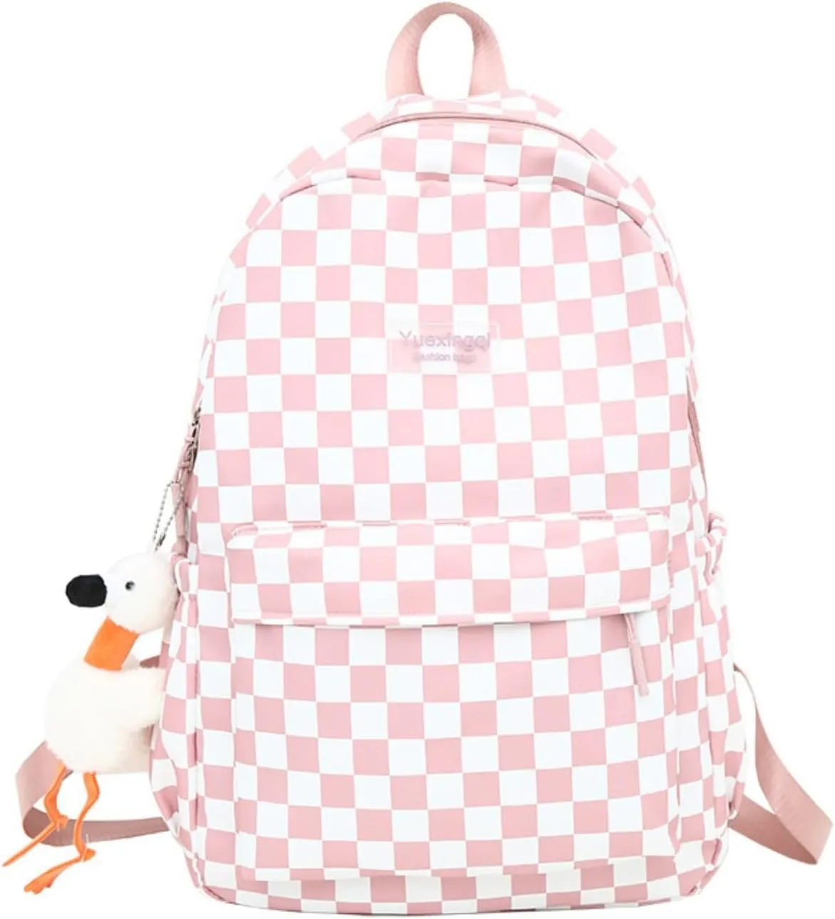 Y2K Aesthetic Checkered Backpack with Kawaii Pendant Checkerboard Backpack Cute Preppy Laptop Backpack Light Rucksack (One Size,Pink)