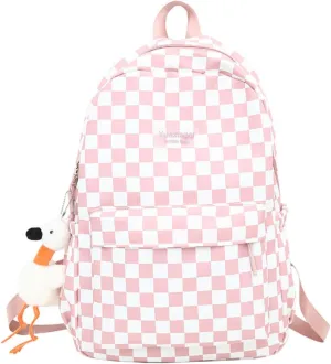 Y2K Aesthetic Checkered Backpack with Kawaii Pendant Checkerboard Backpack Cute Preppy Laptop Backpack Light Rucksack (One Size,Pink)
